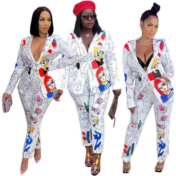 Womens Sexy 2pcs Denim Printed Zipper Jackets Bodycon Pants Party Tracksuit Set - Picture 3 of 7